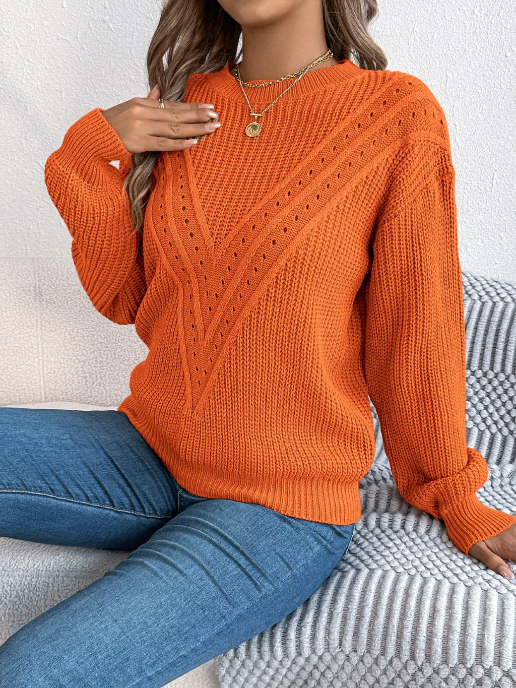 White Pointelle Knit Sweater - WEUXS