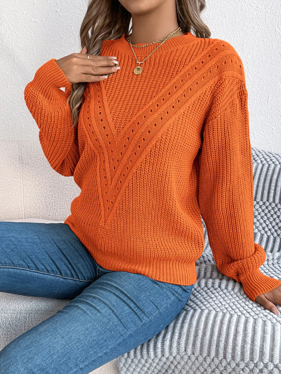 White Pointelle Knit Sweater - WEUXS