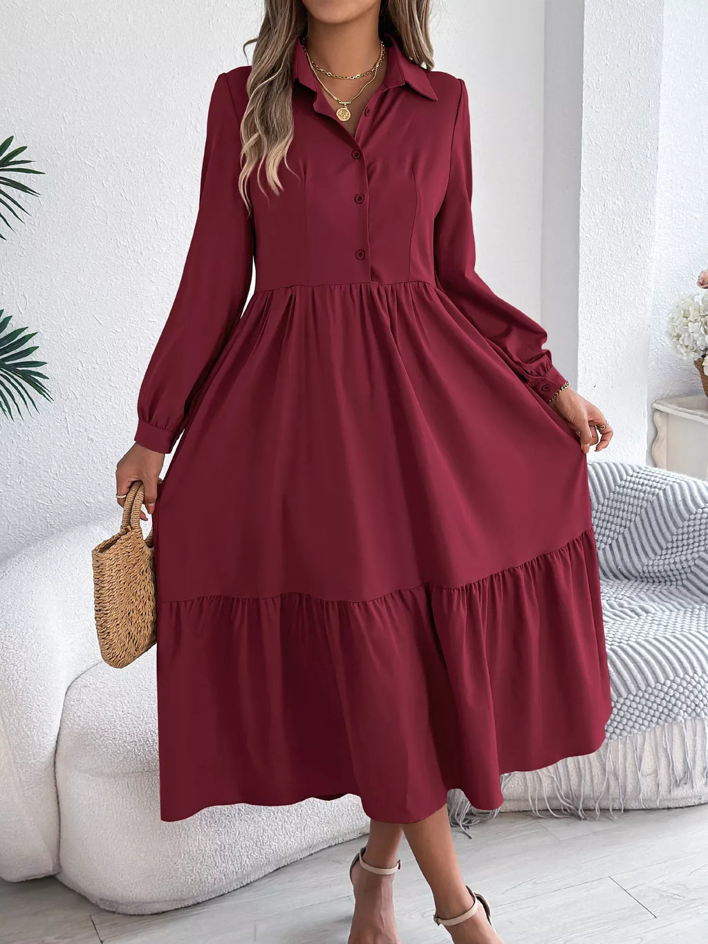 Navy Blue Ruffled Tiered Shirt Dress - View 27 | WEUXS