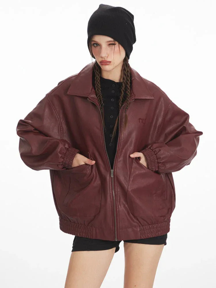 Vintage Burgundy Oversized Faux Leather Bomber Jacket - WEUXS