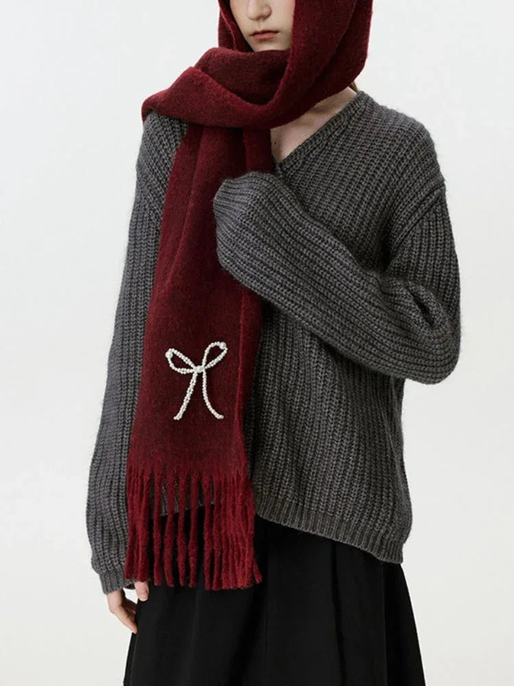 Wool blend scarf with pearl bow detail - View 15 | WEUXS