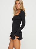 side view of model wearing Princess Polly Dalzine Long Sleeve Mini Dress Black Square Neck 