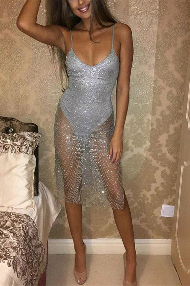 Sequins Strap Split See Through Mesh Dress - Dress In Beauty
