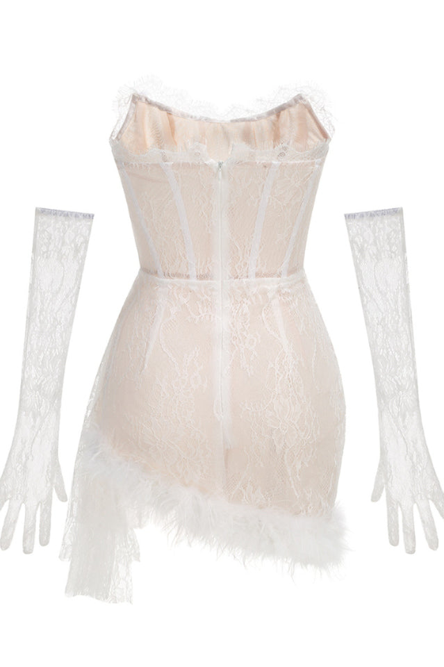 Queena Strapless Feather Trim Lace Dress | Dress In Beauty