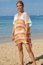 Rainbow Stripe Openwork Slit Cover Up - WEUXS