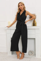 Calf length wide leg jumpsuit with ruffle neckline - View 15 | WEUXS