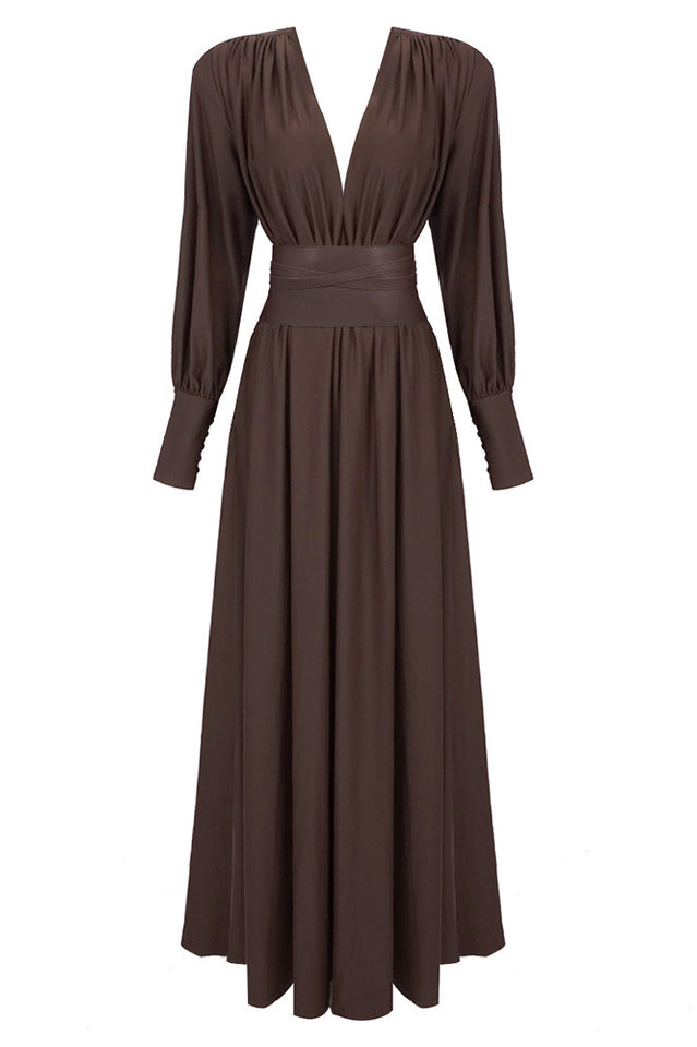 Rosey Tan Maxi Dress With Waist Belt | Dress In Beauty