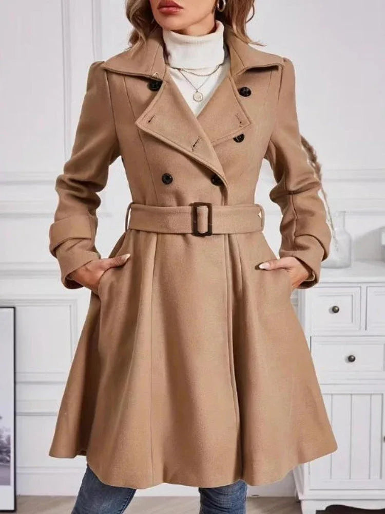 Woman wearing a camel double-breasted wool blend coat with a belted waist and flared hem Main image