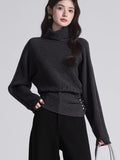 Dark Grey High Neck Side Button Knit Sweater - View 6 | WEUXS