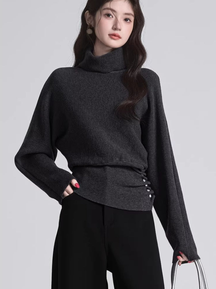 Dark Grey High Neck Side Button Knit Sweater - View 6 | WEUXS