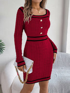 Vintage Red Square Neck Knit Dress - WEUXS