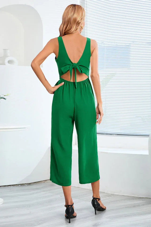 Wide leg jumpsuit with tie waist and back cutout - View 12 | WEUXS