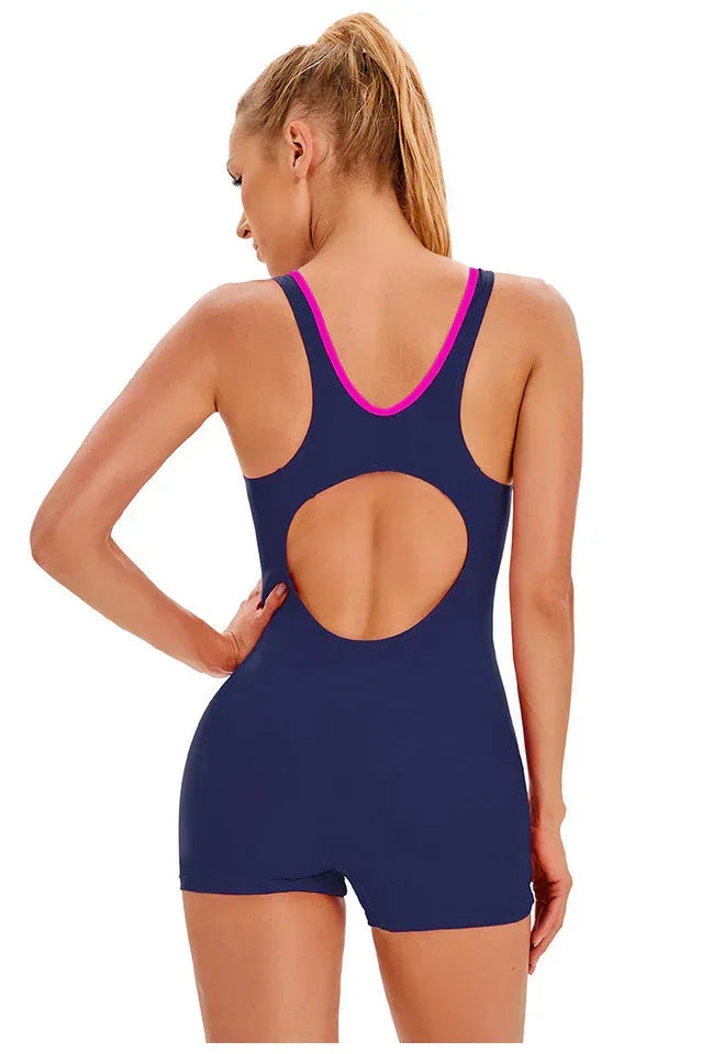 fitted one-piece swimsuit with color-blocked panels and racerback straps - View 24 | WEUXS