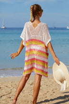 Rainbow Stripe Openwork Slit Cover Up - WEUXS