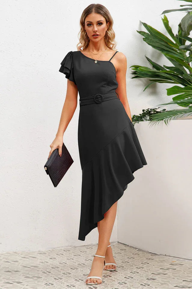 Asymmetrical neck dress with flutter sleeve - View 15 | WEUXS