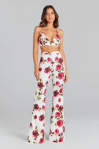 White three-piece women's suit with red roses, featuring a single-breasted blazer with notched lapels and flared trousers. - View 6 | WEUXS
