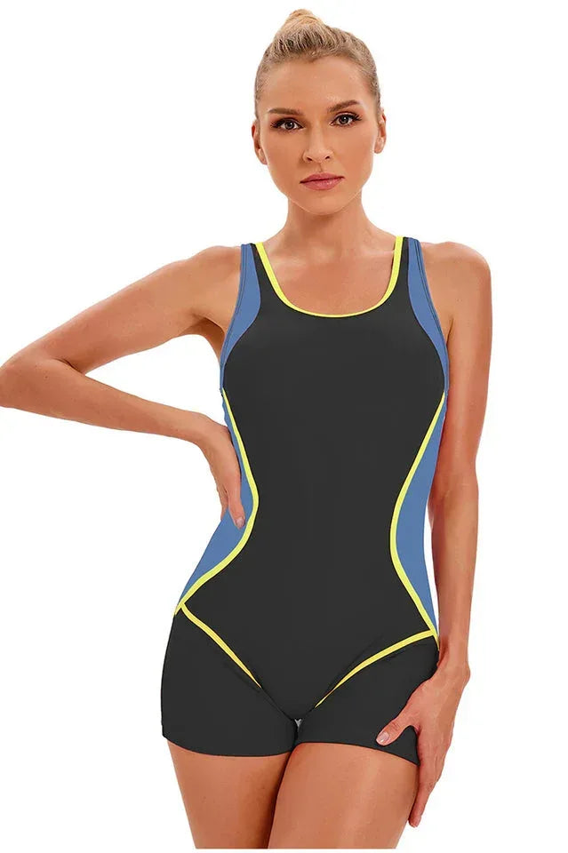 fitted one-piece swimsuit with color-blocked panels and racerback straps - View 25 | WEUXS