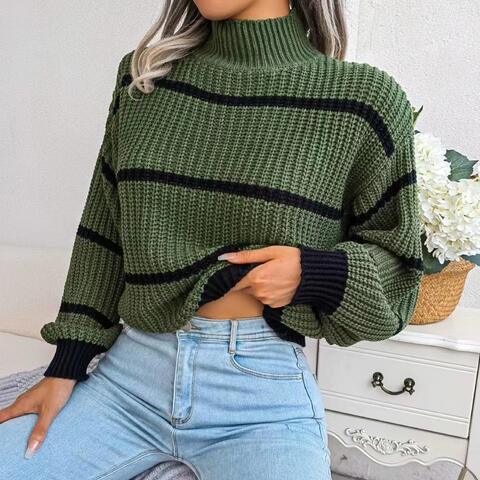 Striped mock neck lantern sleeve sweater - View 8 | WEUXS
