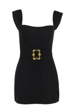 Metallic buckle belted mini dress with square neckline and wide shoulder straps - View 7 | WEUXS