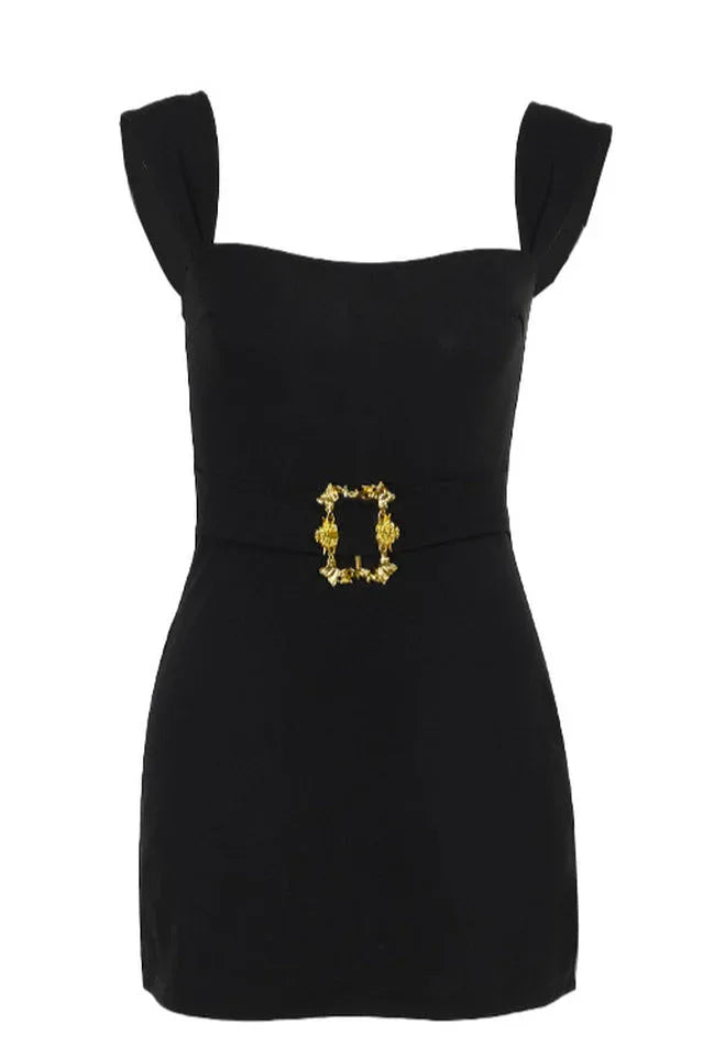 Metallic buckle belted mini dress with square neckline and wide shoulder straps - View 7 | WEUXS