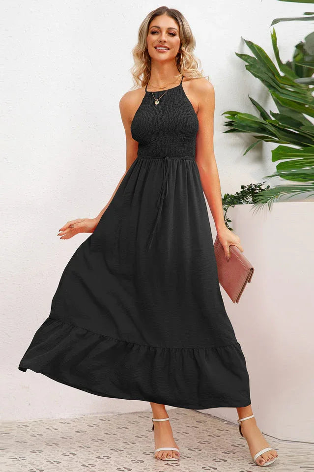 Smocked Crisscross Spaghetti Strap Dress - WEUXS