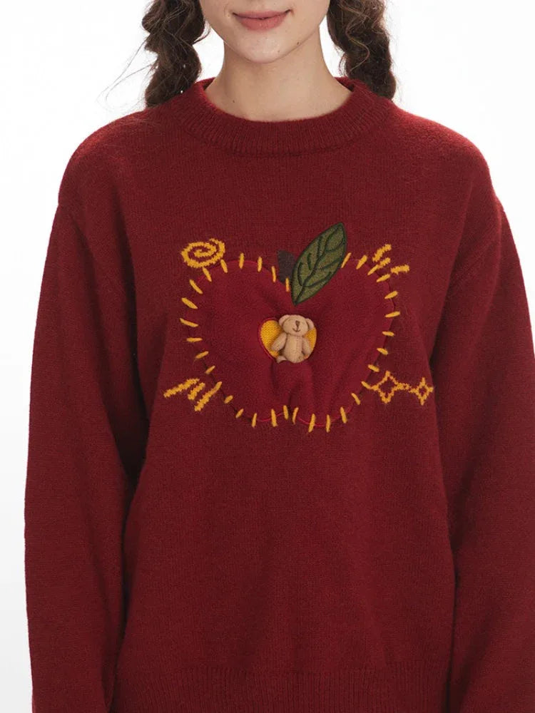 Whimsical Apple & Teddy Bear Pocket Knit Sweater - View 6 | WEUXS