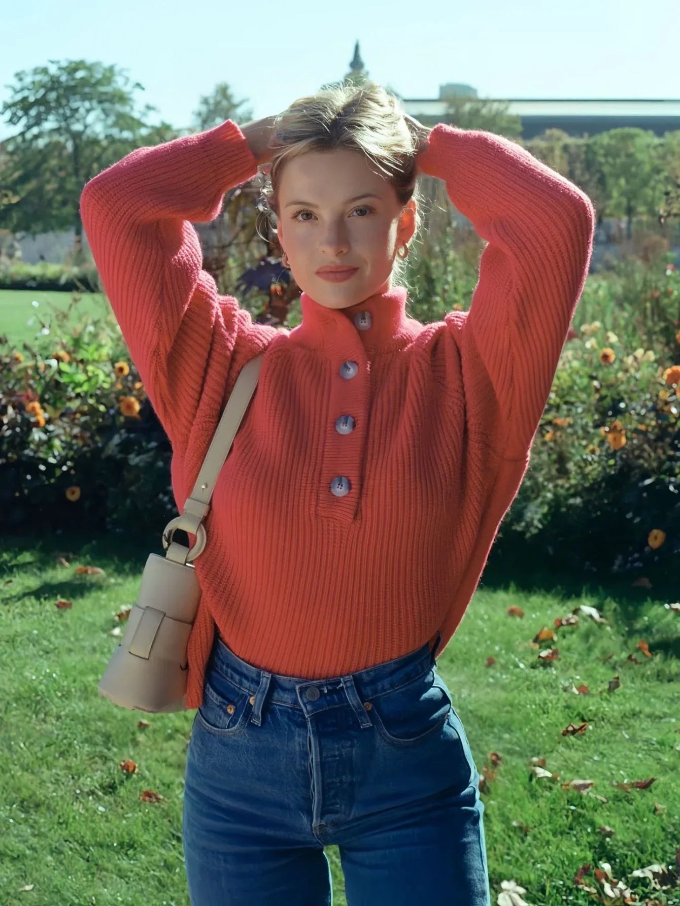 Vibrant Button-Front Mock Neck Ribbed Sweater - WEUXS