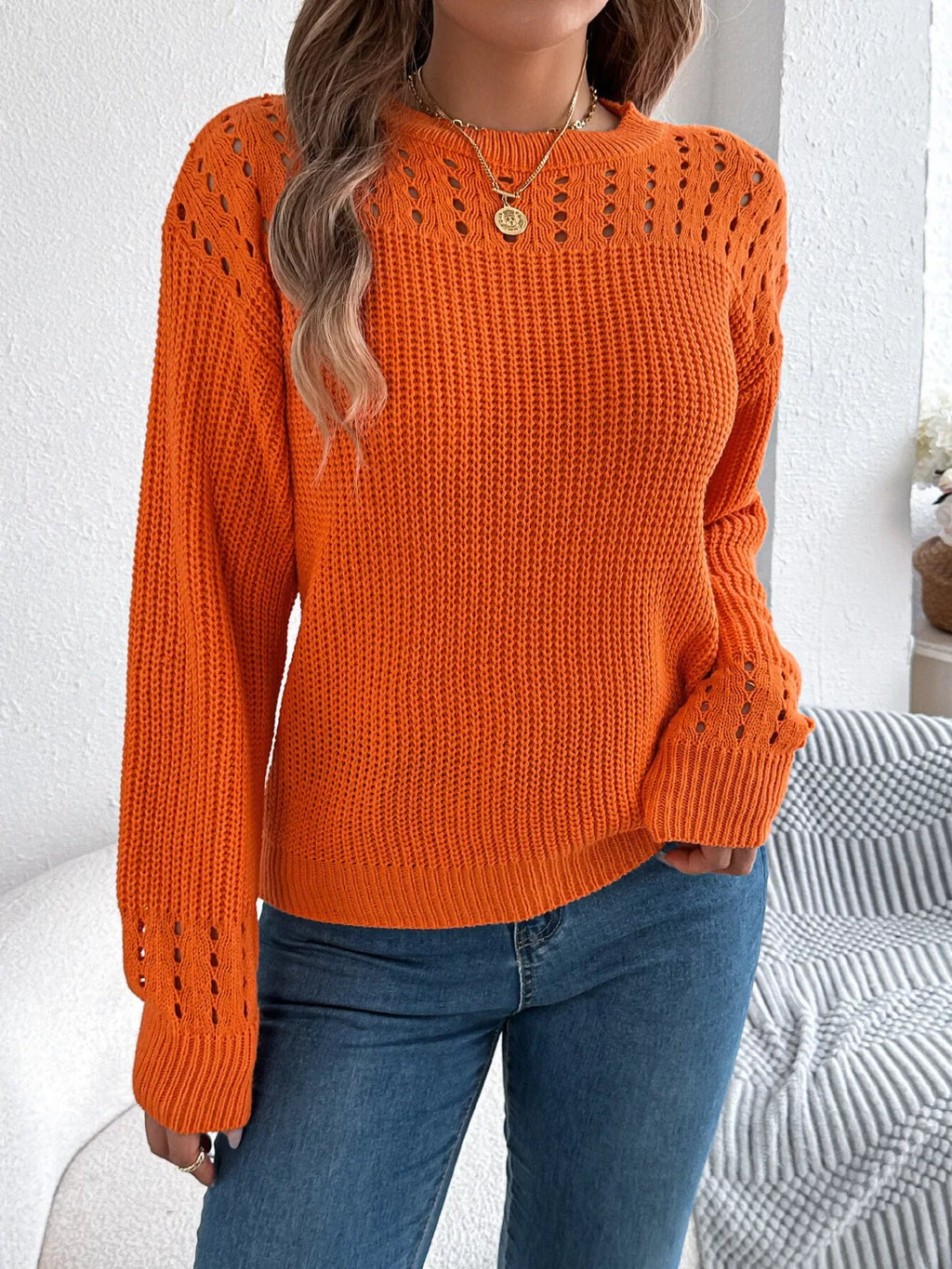 Pointelle Knit Crew Neck Sweater - View 6 | WEUXS