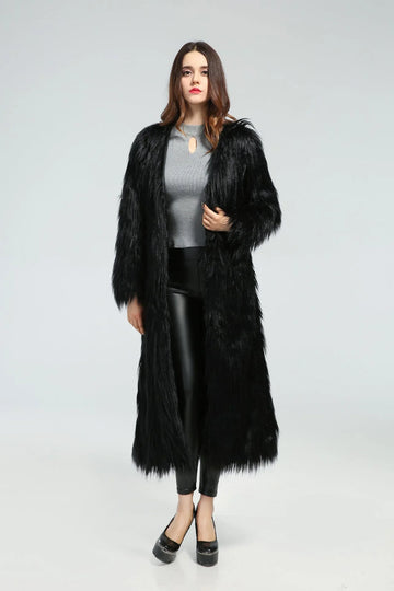Midnight Drama Long Shaggy Faux Fur Coat - WEUXS