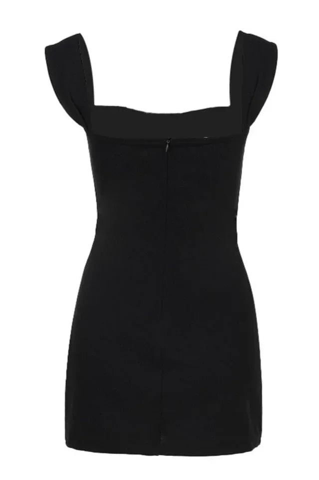 Metallic buckle belted mini dress with square neckline and wide shoulder straps - View 8 | WEUXS