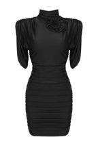 Ruched mock neck minidress with flower appliqué - View 13 | WEUXS