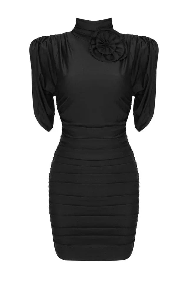 Ruched mock neck minidress with flower appliqué - View 13 | WEUXS