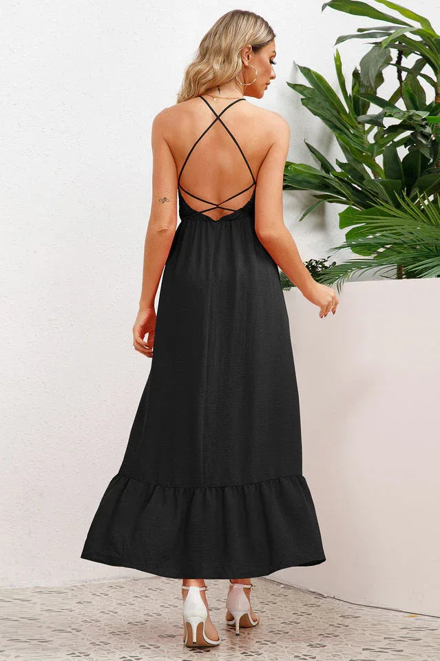 A-line maxi dress with smocked bodice and crisscross back straps - View 18 | WEUXS