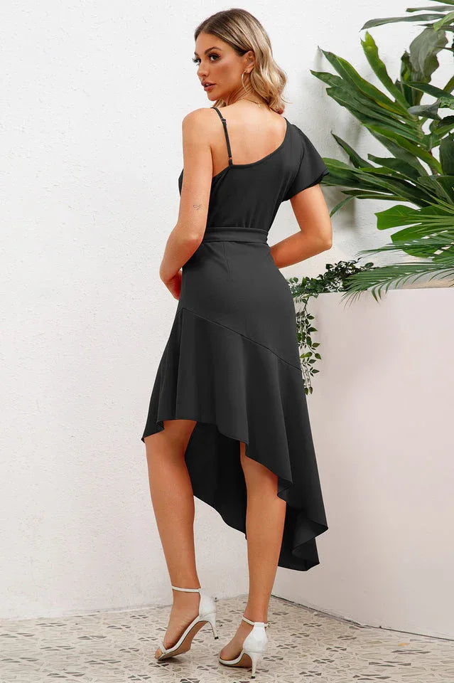 Asymmetrical neck dress with flutter sleeve - View 17 | WEUXS