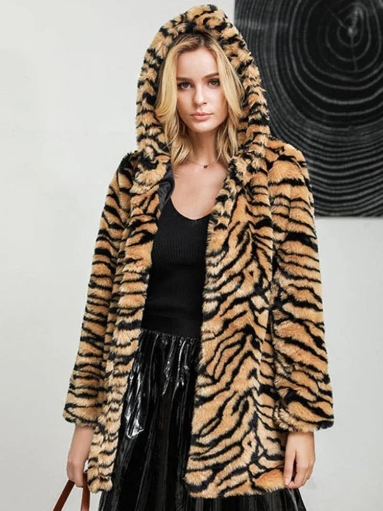 Luxe Tiger Print Faux Fur Hooded Coat - WEUXS Main image