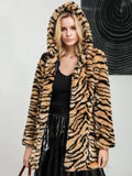 Luxe Tiger Print Faux Fur Hooded Coat - WEUXS
