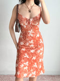 Rear view of a woman in an orange floral print midi dress with spaghetti straps.