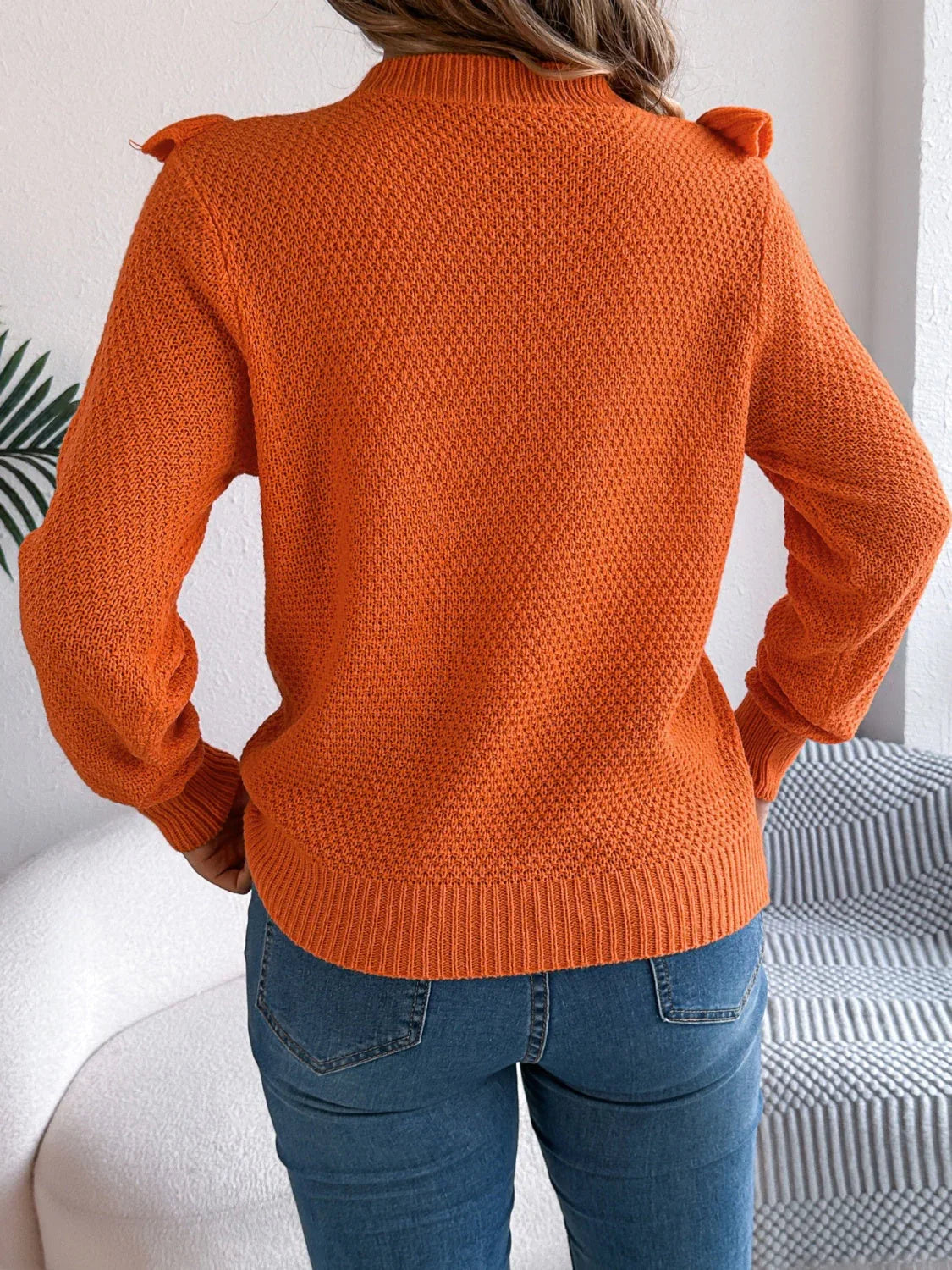 Elegant Gray Ruffle Trim Knit Sweater - WEUXS