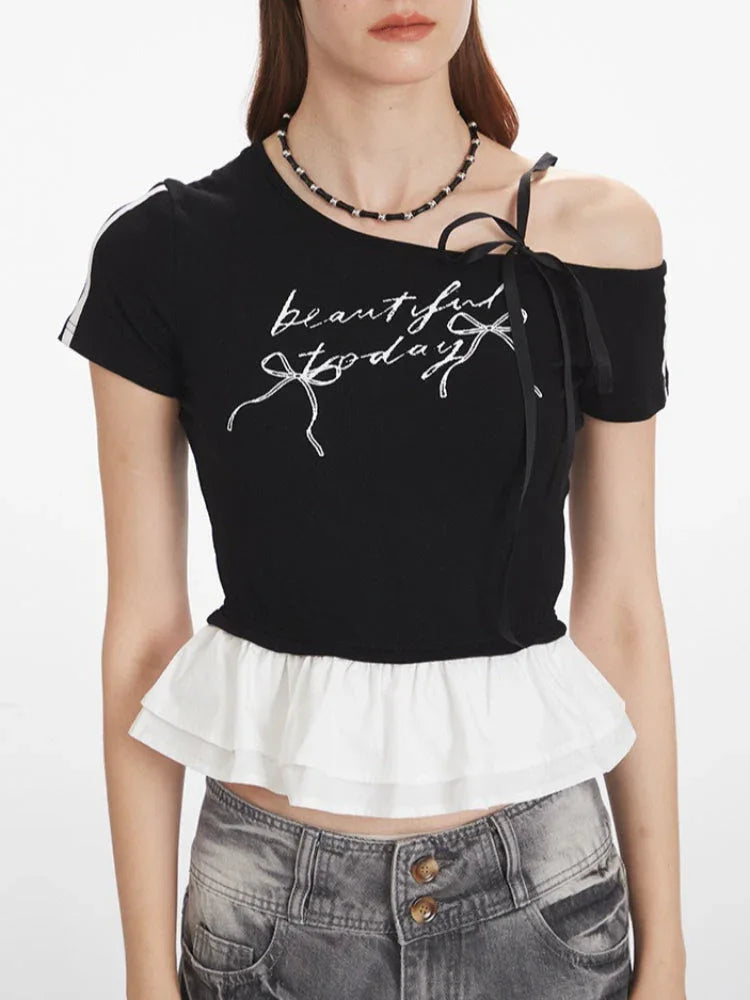 Asymmetric Ribbon Bow Top in black - View 6 | WEUXS