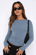 Women's long sleeve crew neck top with ruched side detail - View 12 | WEUXS