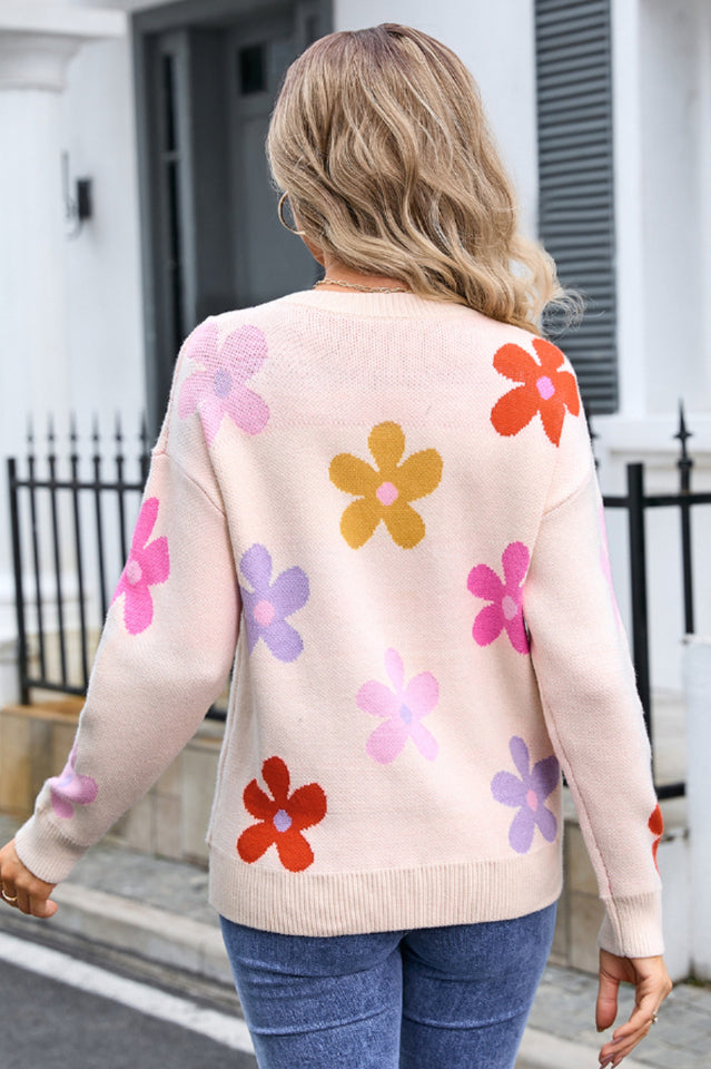 Flower Round Neck Long Sleeve Sweater | Dress In Beauty