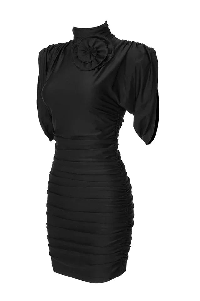 Ruched mock neck minidress with flower appliqué - View 14 | WEUXS