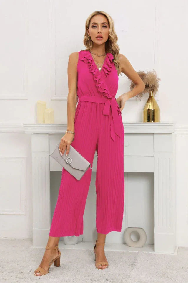 Calf length wide leg jumpsuit with ruffle neckline - View 17 | WEUXS
