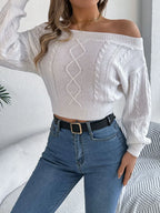 Khaki Off-Shoulder Cable Knit Sweater - View 14 | WEUXS