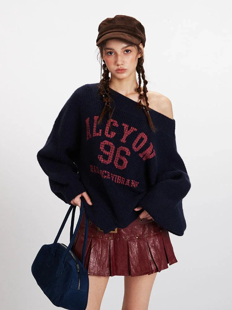 Vintage Collegiate Navy Off-Shoulder Graphic Sweater - WEUXS