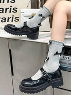 Grey knee-high socks with black satin bows and white pearl embellishments - View 10 | WEUXS