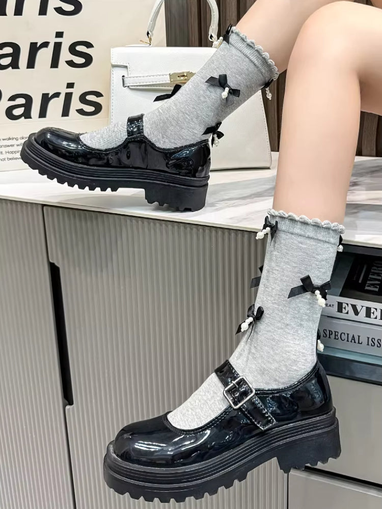 Grey knee-high socks with black satin bows and white pearl embellishments - View 10 | WEUXS