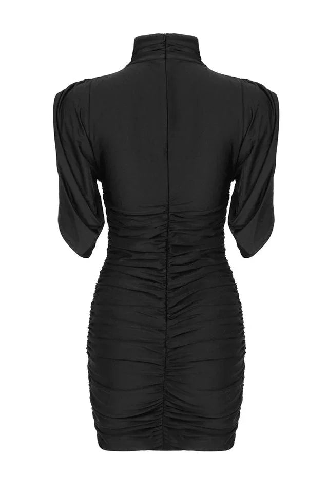 Ruched mock neck minidress with flower appliqué - View 15 | WEUXS