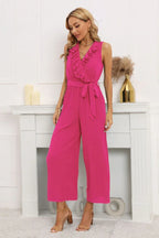 Calf length wide leg jumpsuit with ruffle neckline - View 18 | WEUXS
