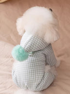 Rear view of a Bichon Frise dog wearing a light green gingham hooded dog suit with a light green pom-pom accent.